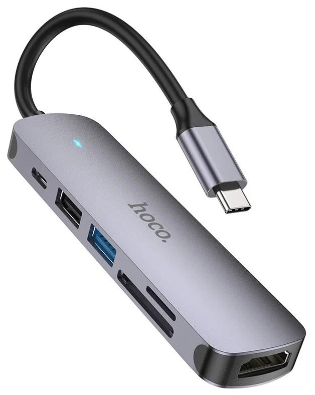 Кабель-переходник Hoco HB28 Type-C на HDMI/USB3.0/USB2.0/USB-C/MicroSD/SD серый